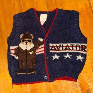 Vintage B.T. Kids Navy 'Aviator' Embroidered Teddy Bear Knit Vest 6/9m 985348